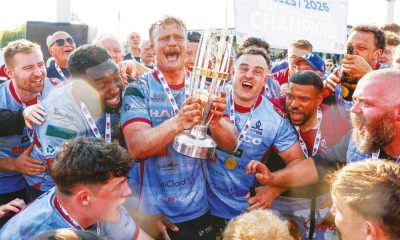 Harry Newborn lifts the trophy for Rotherham Titans