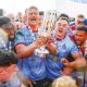 Harry Newborn lifts the trophy for Rotherham Titans