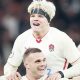 Ben Earl, front, and Henry Pollock celebrate England’s victory over the All Blacks yesterday.