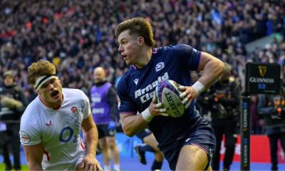Huw Jones scores for Scotland in the Six Nations match against England