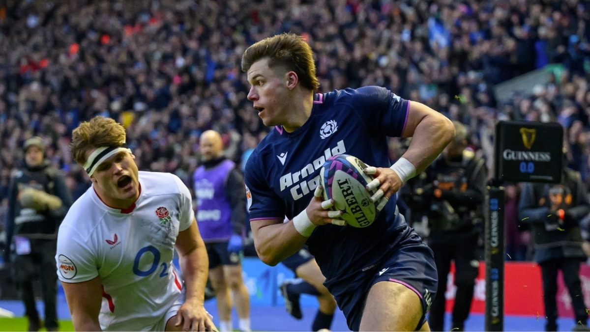 Huw Jones scores for Scotland in the Six Nations match against England