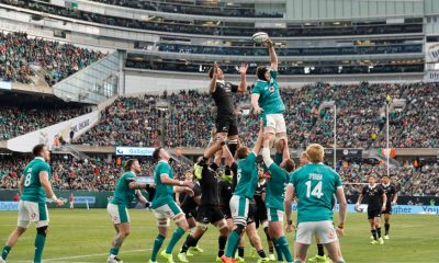Ryan Baird of Ireland knocks the ball away from Josh Lord of the All Blacks