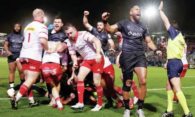 Joe Cokanasiga celebrates Bath’s fourth try against Munster