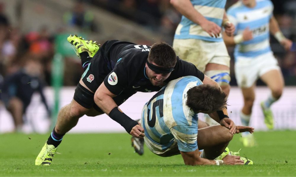 Juan Cruz Mallia of Argentina is tackled by Tom Curry, which resulted in him being replaced due to injury