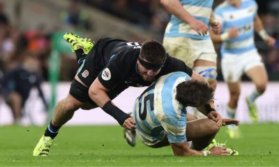 Juan Cruz Mallia of Argentina is tackled by Tom Curry, which resulted in him being replaced due to injury