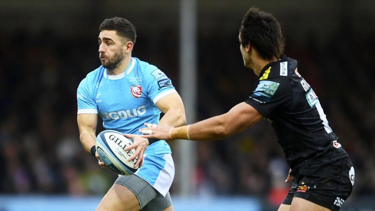 Kyle Moyle on the attack for Gloucester against Exeter Chiefs.