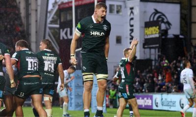Leicester Tigers lock Finn Carnduff celebrates after the final whistl
