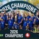 Leinster celebrate with the URC trophy after their comprehensive final win