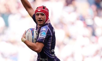 Louis Bielle-Biarrey celebrates as he breaks to score Bordeaux’s fourth try