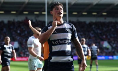 Louis Rees-Zammit celebrates after scoring his first of the afternoon for Bristol Bears.