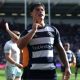 Louis Rees-Zammit celebrates after scoring his first of the afternoon for Bristol Bears.