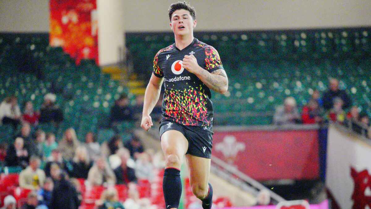 Wales’ Louis Rees-Zammit during a training session at Principality Stadium, Cardiff