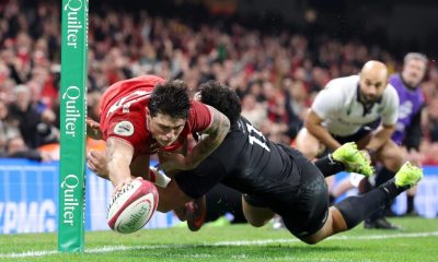 Louis Rees-Zammit goes over for Wales in the corner against the All Blacks