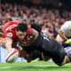 Louis Rees-Zammit goes over for Wales in the corner against the All Blacks