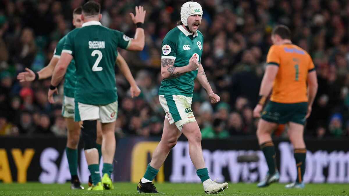 Mack Hansen scored a hat-trick in Ireland’s record breaking victory over Australia