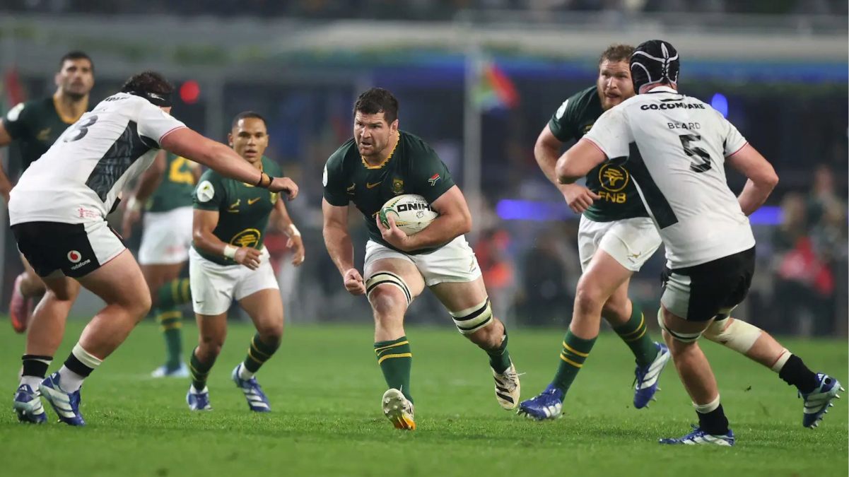 Marco van Staden runs with the ball during the 2026 Nations Championship match between South Africa and Wales.