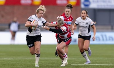 Saracens back row Marlie Packer, left, on the attack