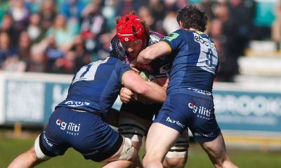Cornish Pirates’ Matt Cannon is stopped by the Worcester Warriors defence