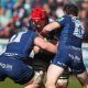 Cornish Pirates’ Matt Cannon is stopped by the Worcester Warriors defence