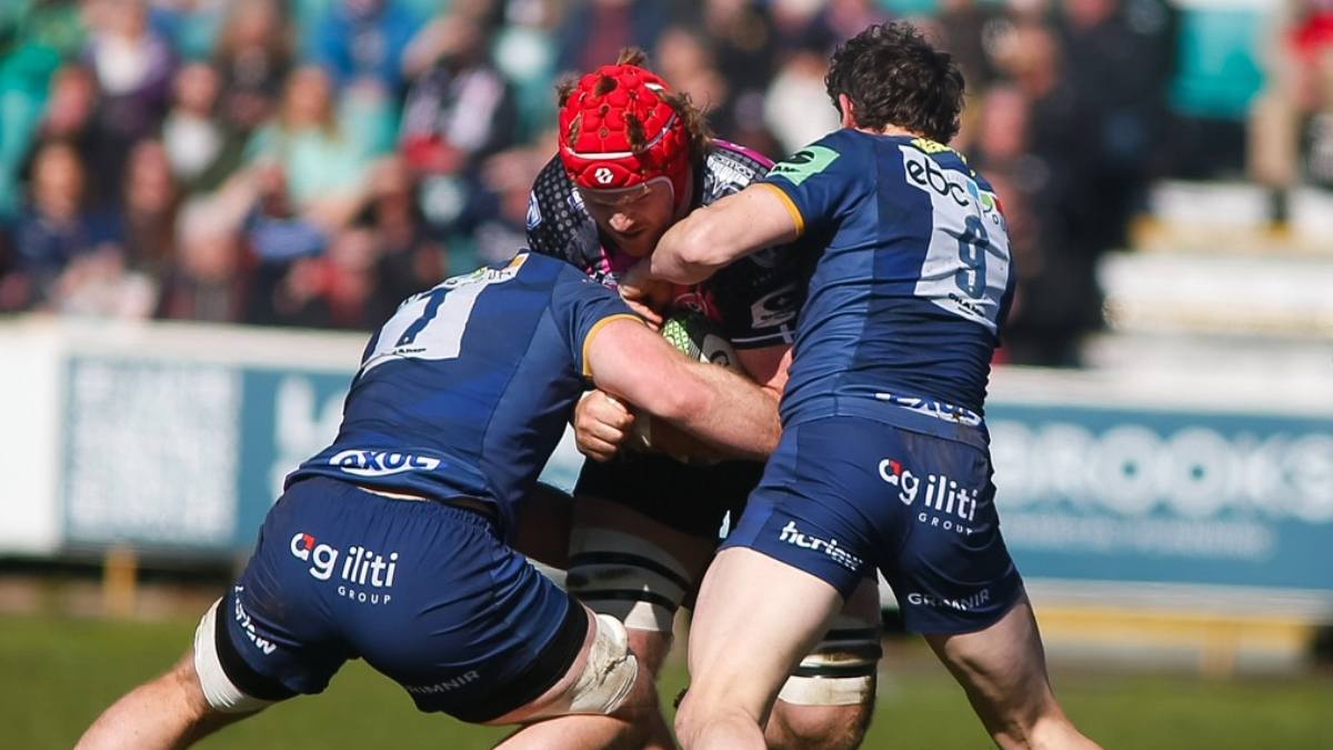 Cornish Pirates’ Matt Cannon is stopped by the Worcester Warriors defence