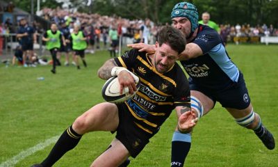 Matt Shepherd dives in at the corner to score for Cornwall