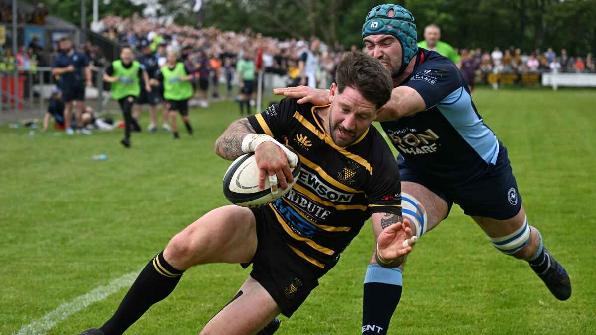 Matt Shepherd dives in at the corner to score for Cornwall
