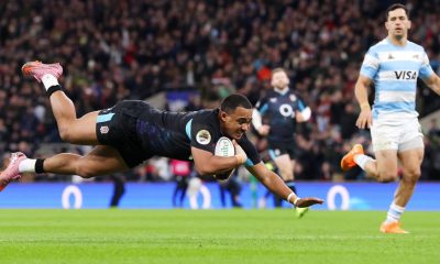 Max Ojomoh pounces to score England’s opener at Twickenham.