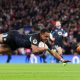 Max Ojomoh pounces to score England’s opener at Twickenham.