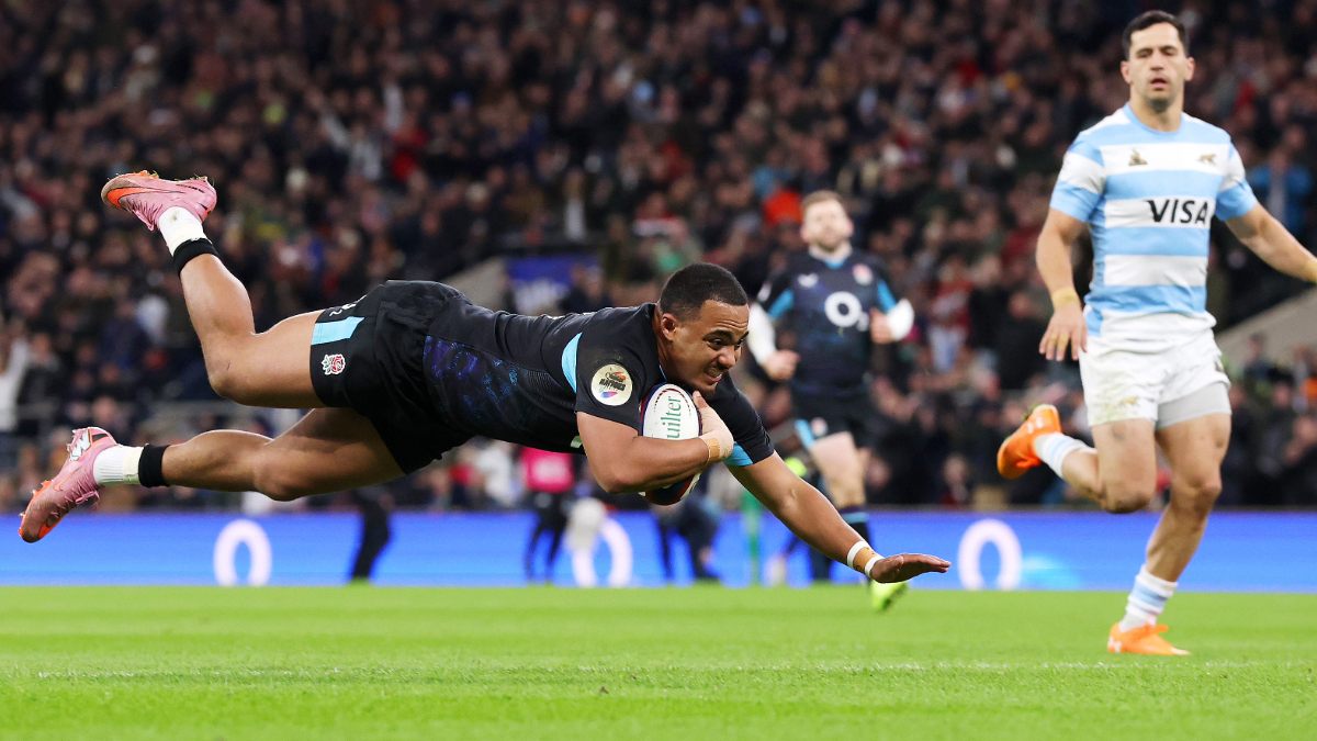 Max Ojomoh pounces to score England’s opener at Twickenham.