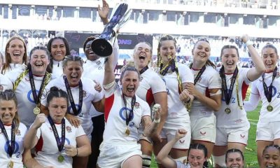 Meg Jones raises the Six Nations trophy