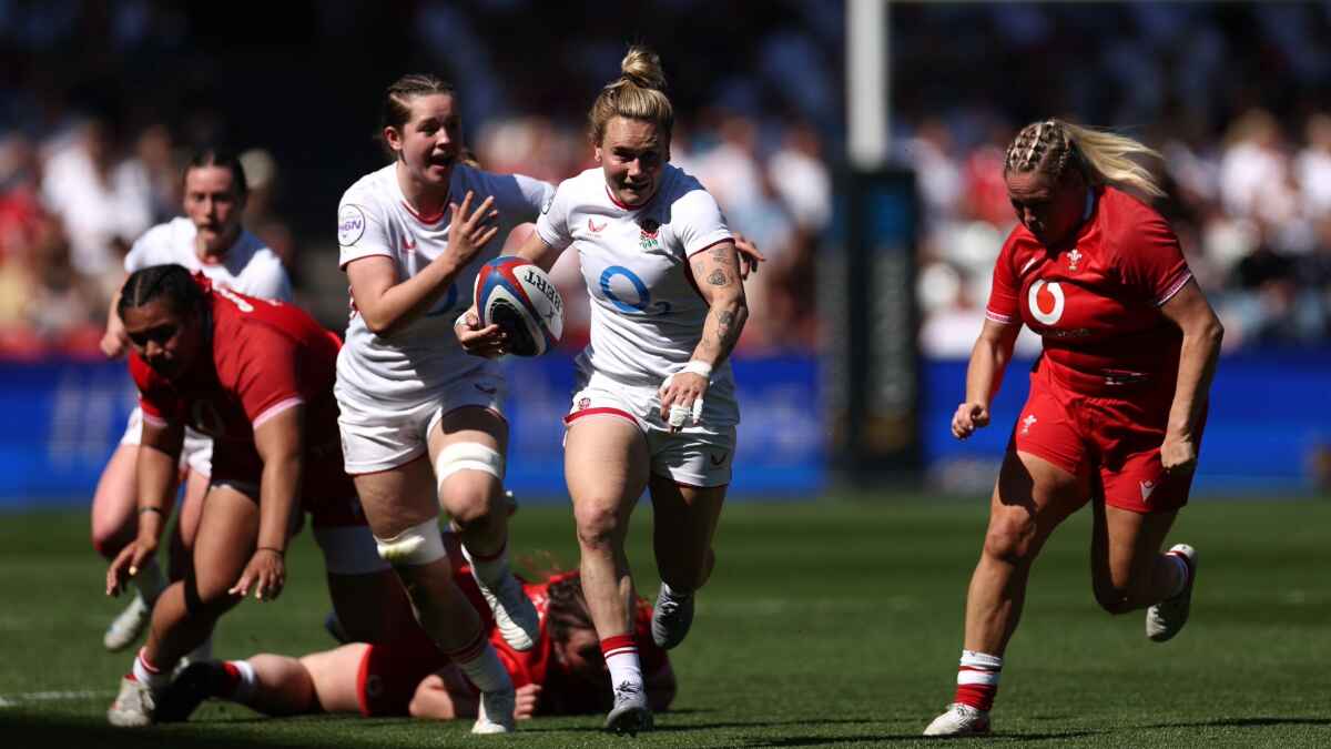 Meg Jones bursts through to score for England