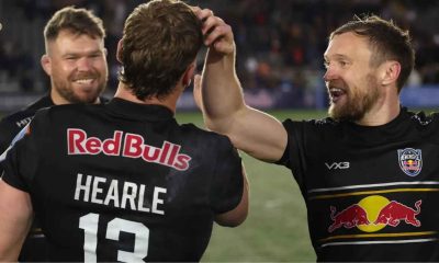 Newcastle Red Bulls celebrate victory over Sale Sharks in May