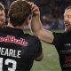 Newcastle Red Bulls celebrate victory over Sale Sharks in May