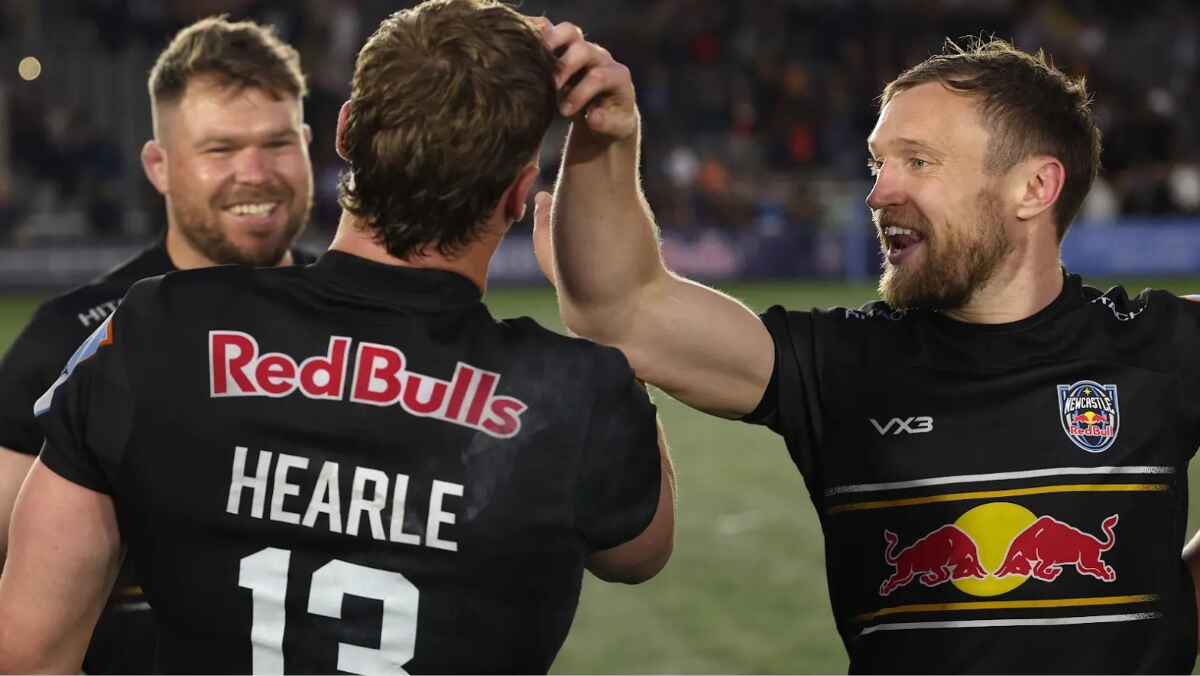 Newcastle Red Bulls celebrate victory over Sale Sharks in May