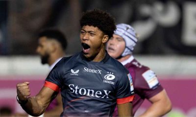 Noah Caluori celebrates his scoring spree for Saracens