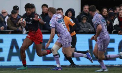 Saracens flyer Noah Caluori on the attack in front of fans at StoneX stadium