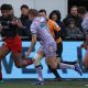 Saracens flyer Noah Caluori on the attack in front of fans at StoneX stadium