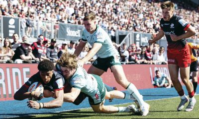 Noah Caluori scoring for Saracens against Leicester Tigers in April