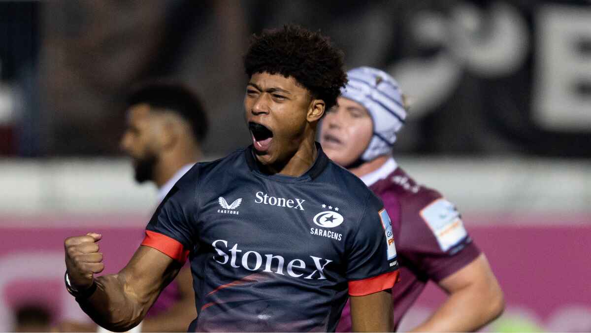 Noah Caluori celebrates his scoring spree for Saracens