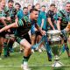 Northampton Saints celebrate with the Prem trophy at Twickenham