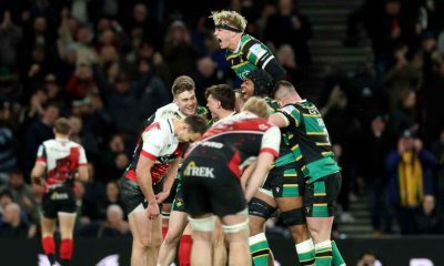 Northampton Saints celebrate their dramatic win against Saracens at Tottenham Hotspur Stadium