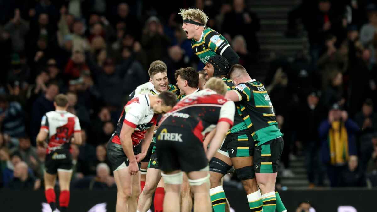 Northampton Saints celebrate their dramatic win against Saracens at Tottenham Hotspur Stadium
