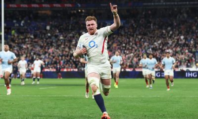 Ollie Chessum sprints in with the interception to score for England