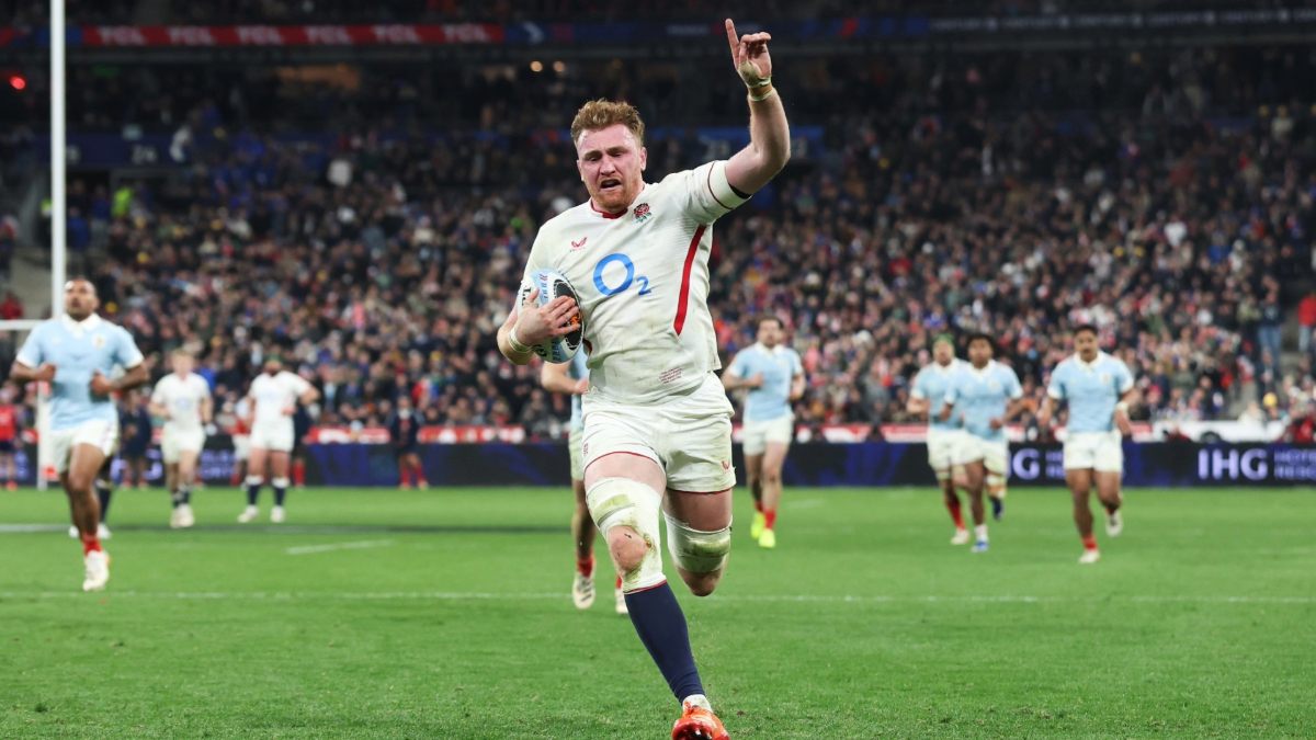 Ollie Chessum sprints in with the interception to score for England