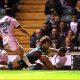 Ollie Hassell-Collins goes over for Leicester Tigers
