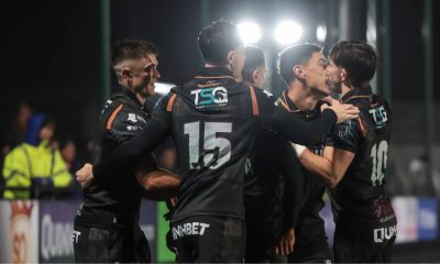Ospreys celebrate after a try by star man Reuben Morgan-Williams