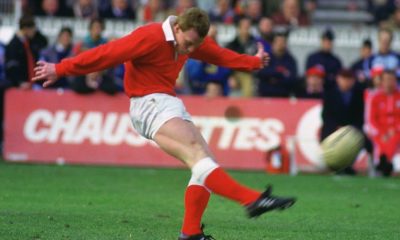 Paul Thorburn kicking a penalty for Wales