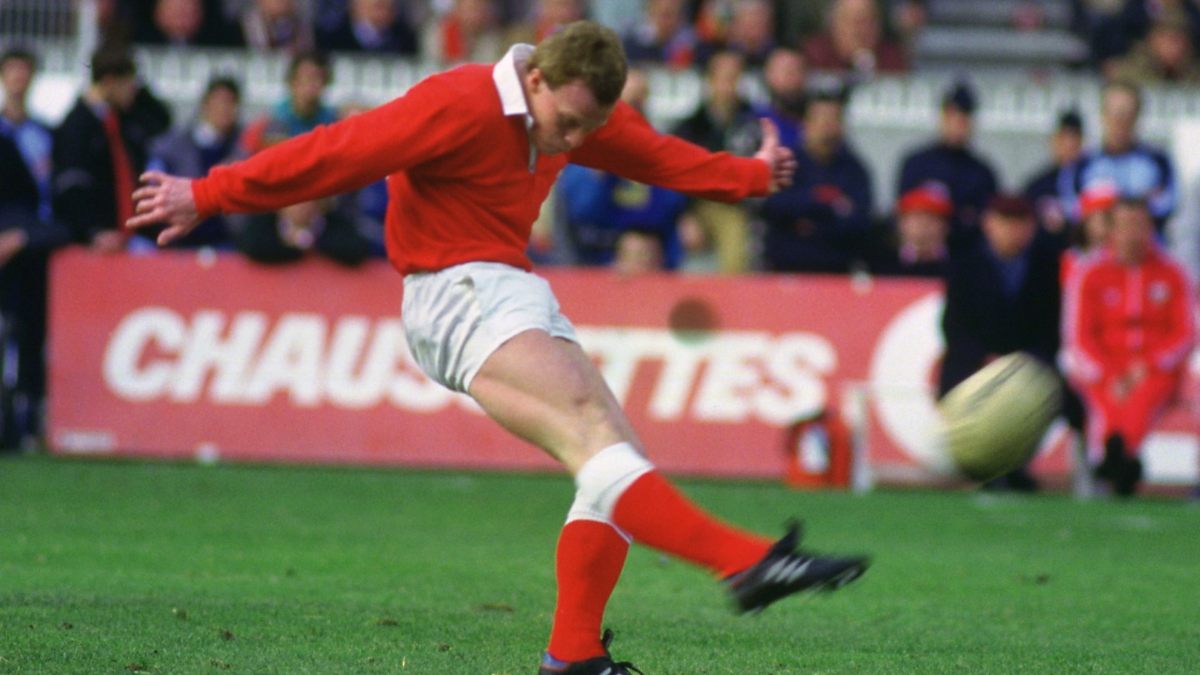 Paul Thorburn kicking a penalty for Wales