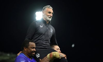 Ricky Pellow is carried from the field by Khwezi Mona and Jimmy Roots after yesterday’s win against Bristol Bears