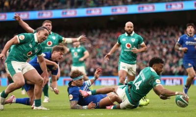 Ireland’s Robert Baloucoune goes over the line to score a try